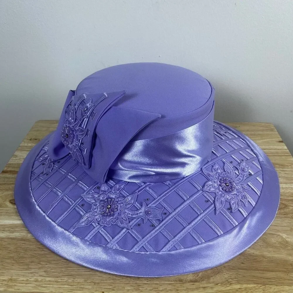 Studio 3 Women Purple Church Hat Wide Brim Beaded Floral Bow Derby Dress Hat